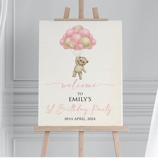 Personalised 1st Birthday Party Welcome Sign FB003 Physical or Digital, Bear Balloon Pink Girl Neutral Hot-Air Baby Birthday Sign