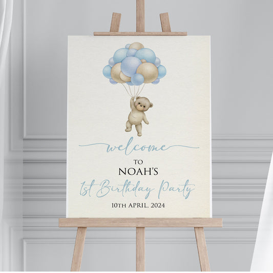 Personalised 1st Birthday Party Welcome Sign FB002 Physical or Digital, Bear Balloon Blue Boy Neutral Hot-Air Baby Birthday Sign