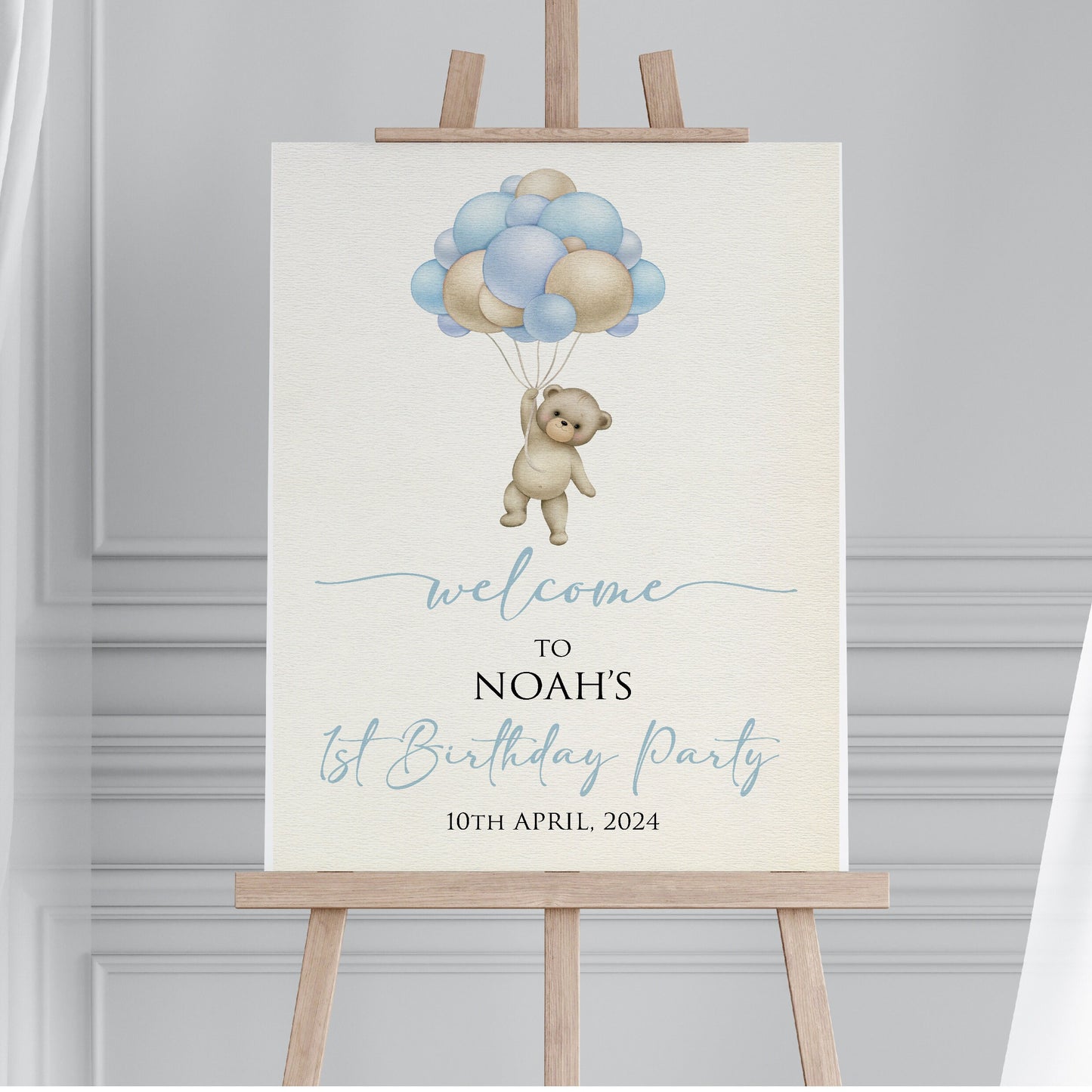 Personalised 1st Birthday Party Welcome Sign FB002 Physical or Digital, Bear Balloon Blue Boy Neutral Hot-Air Baby Birthday Sign