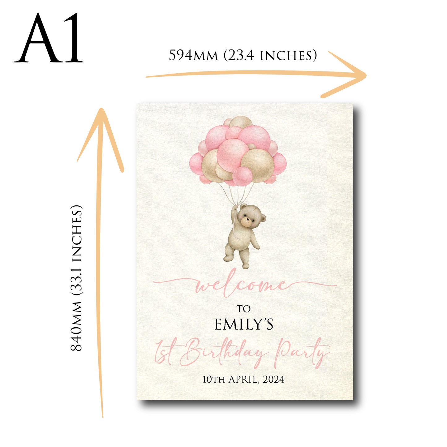 Personalised 1st Birthday Party Welcome Sign FB003 Physical or Digital, Bear Balloon Pink Girl Neutral Hot-Air Baby Birthday Sign