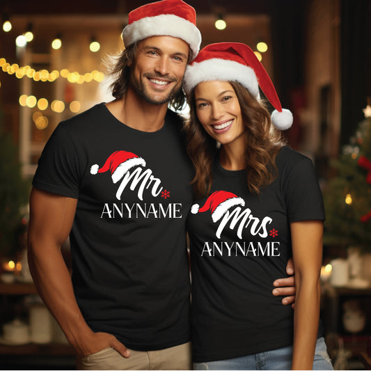 Santa Hat Mr & Mrs Any Name Personalised Christmas T-Shirt - Christmas Newlywed tshirt for couples | matching tshirts Our first Christmas