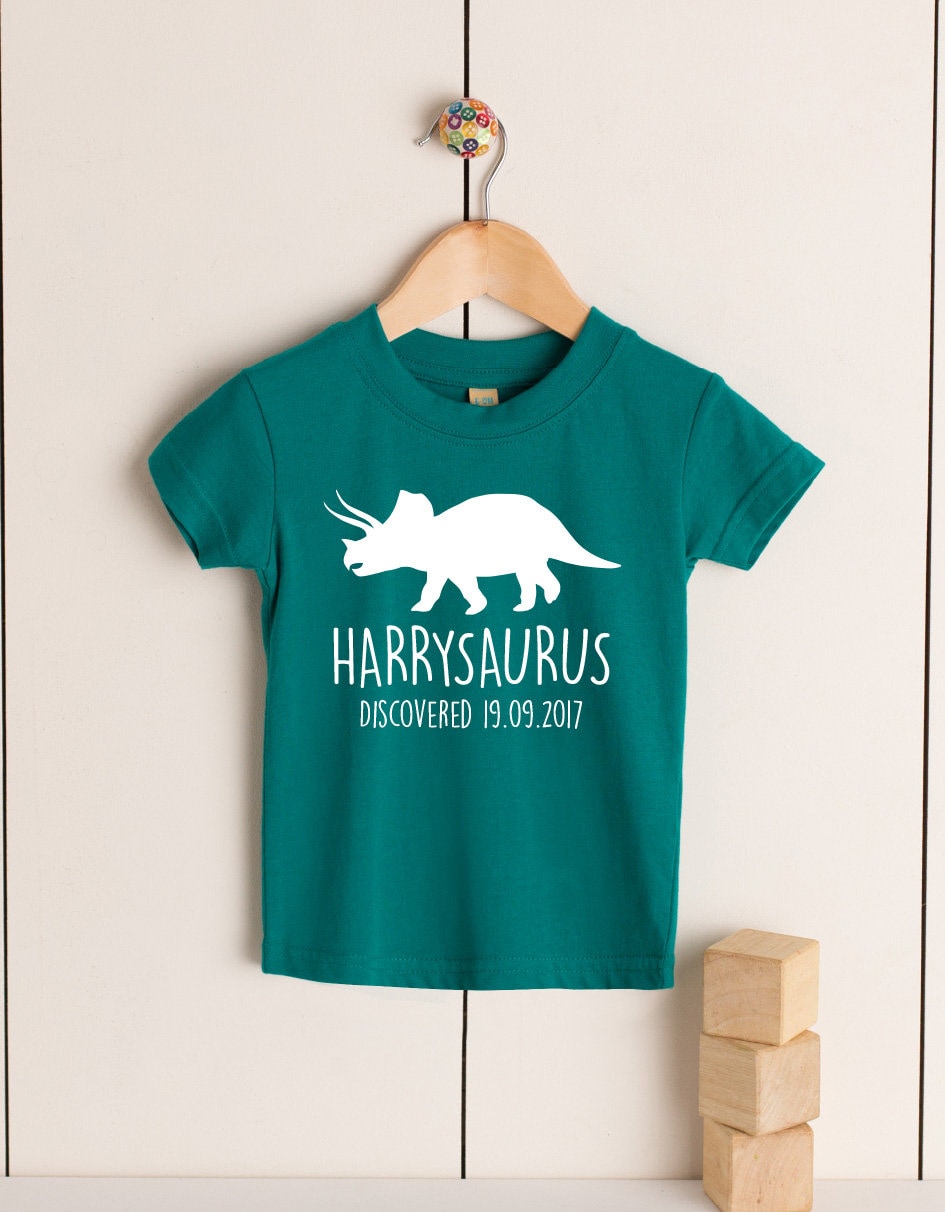 Triceratops Babies/Toddlers/Kids Personalised Dinosaur T-Shirt - Any Name and Date Children's Birthday Dino