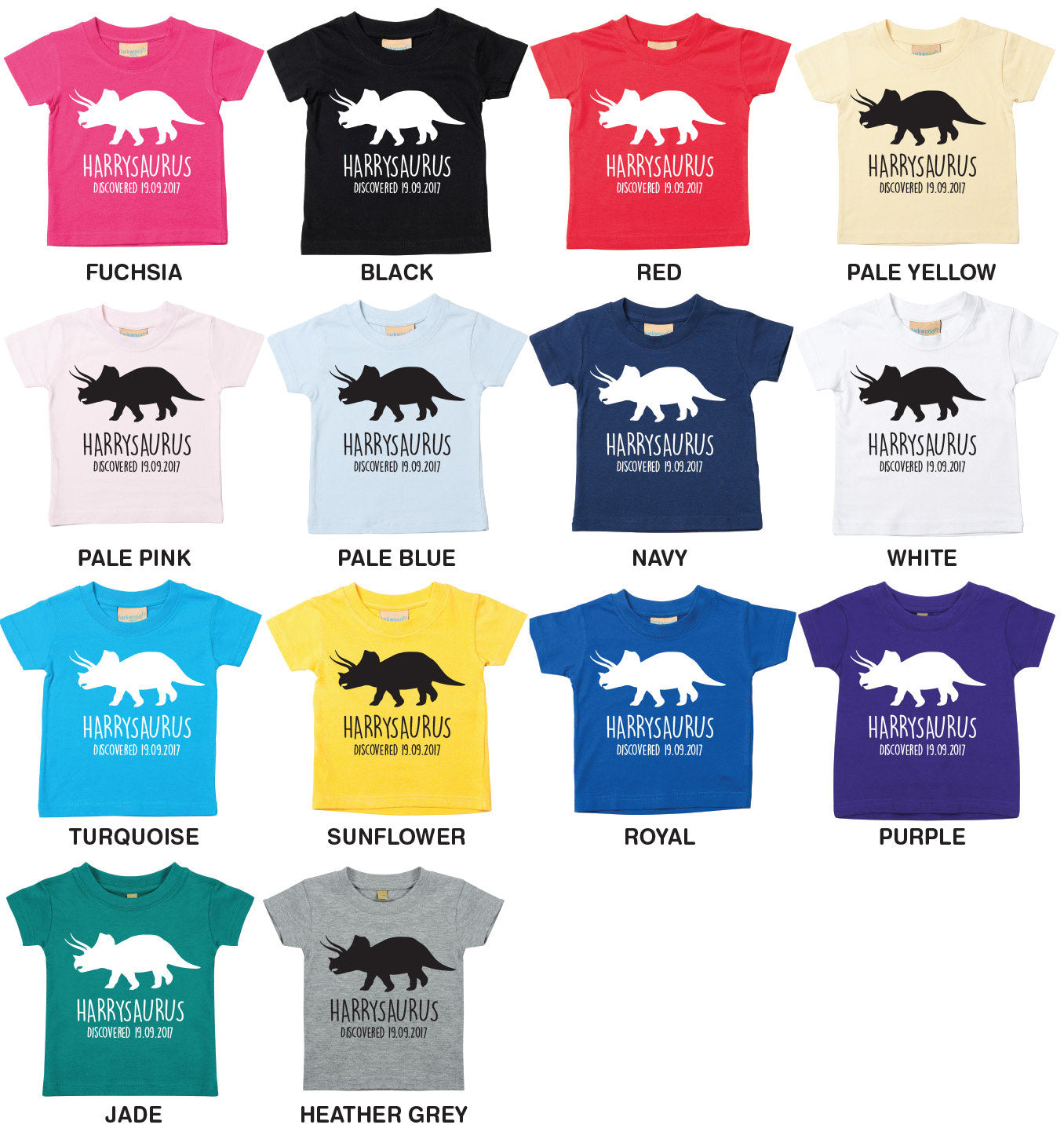 Triceratops Babies/Toddlers/Kids Personalised Dinosaur T-Shirt - Any Name and Date Children's Birthday Dino