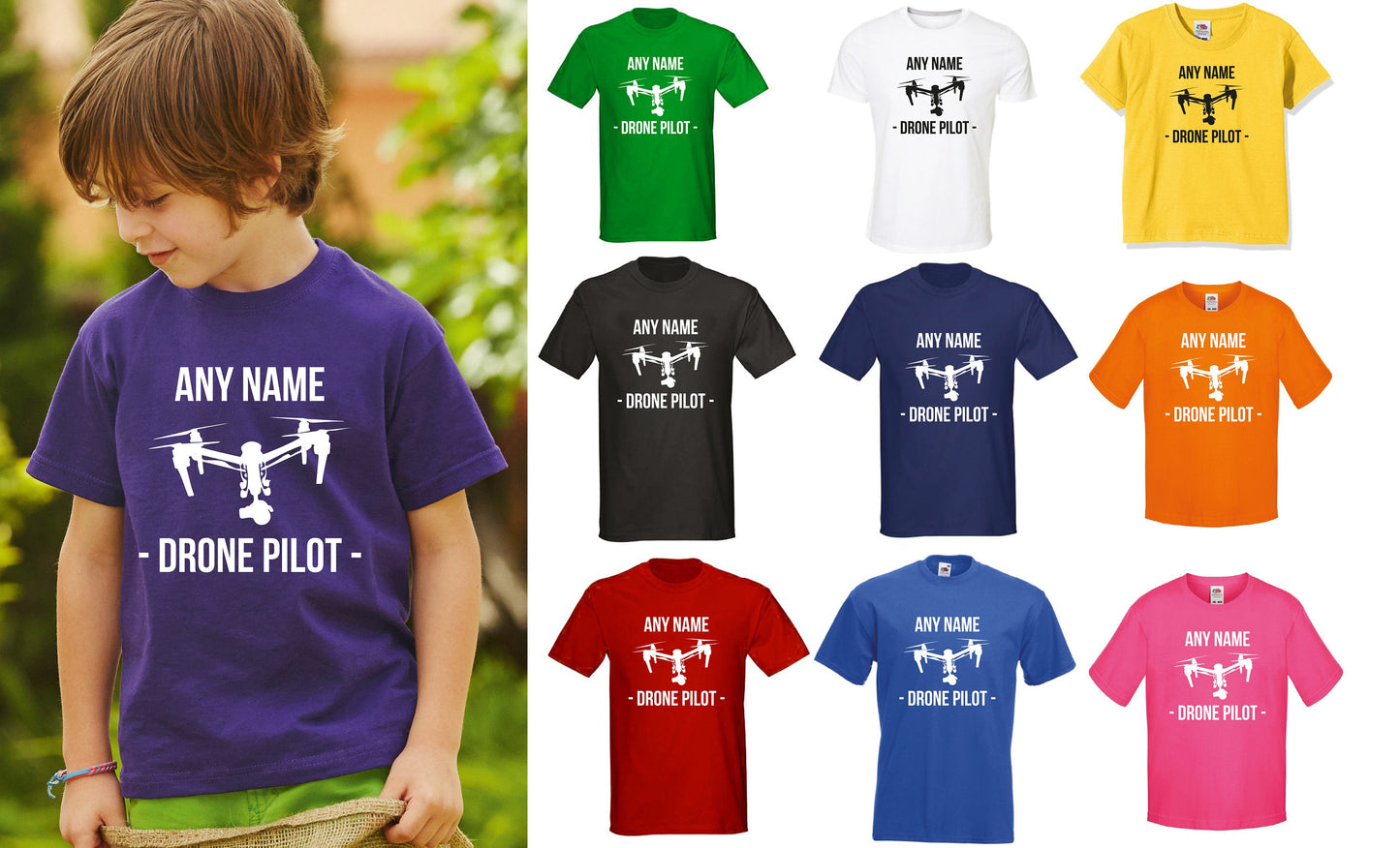 Kids Personalised Drone Pilot T-Shirt - Any Name Children's Birthday Tee