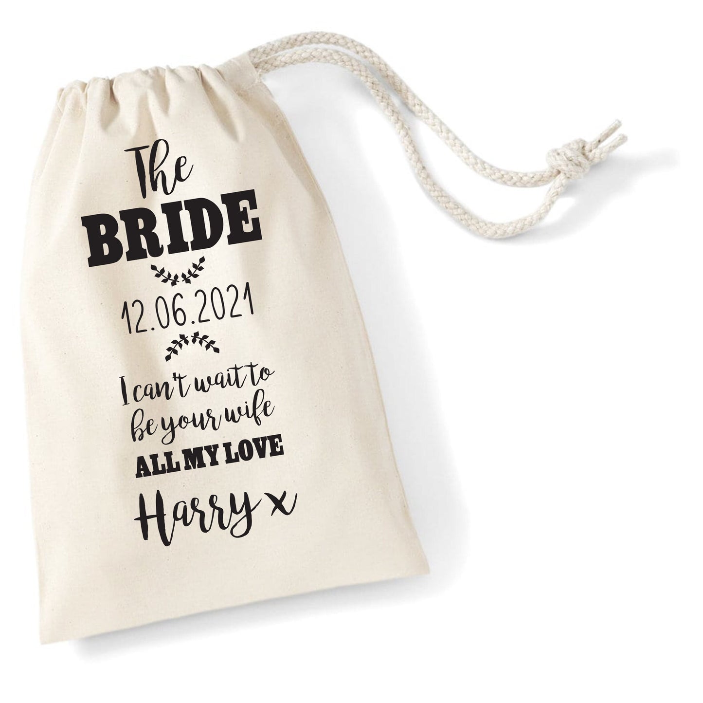 Personalised Wedding Day Gift Sack for Bride / Wife to be Present Black or Rose Gold Print