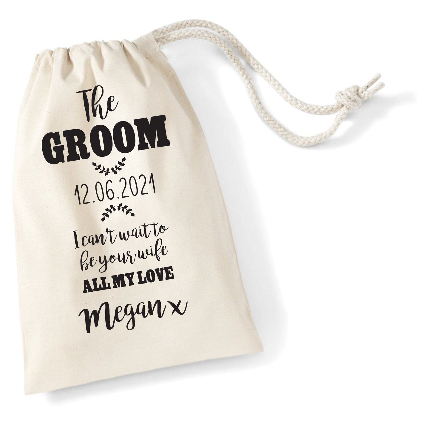 Personalised Wedding Day Gift Sack for Groom / Husband To Be Present Black or Rose Gold Print