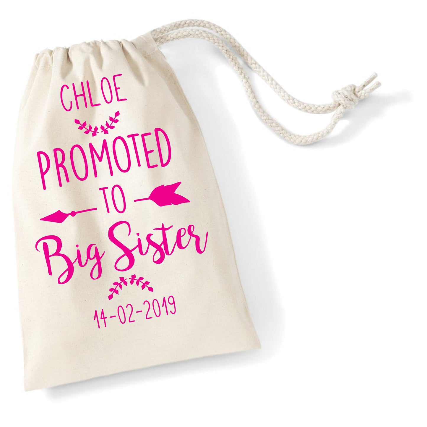 Personalised Promoted to Big Sister Cotton Gift Bag, Drawstring WM115