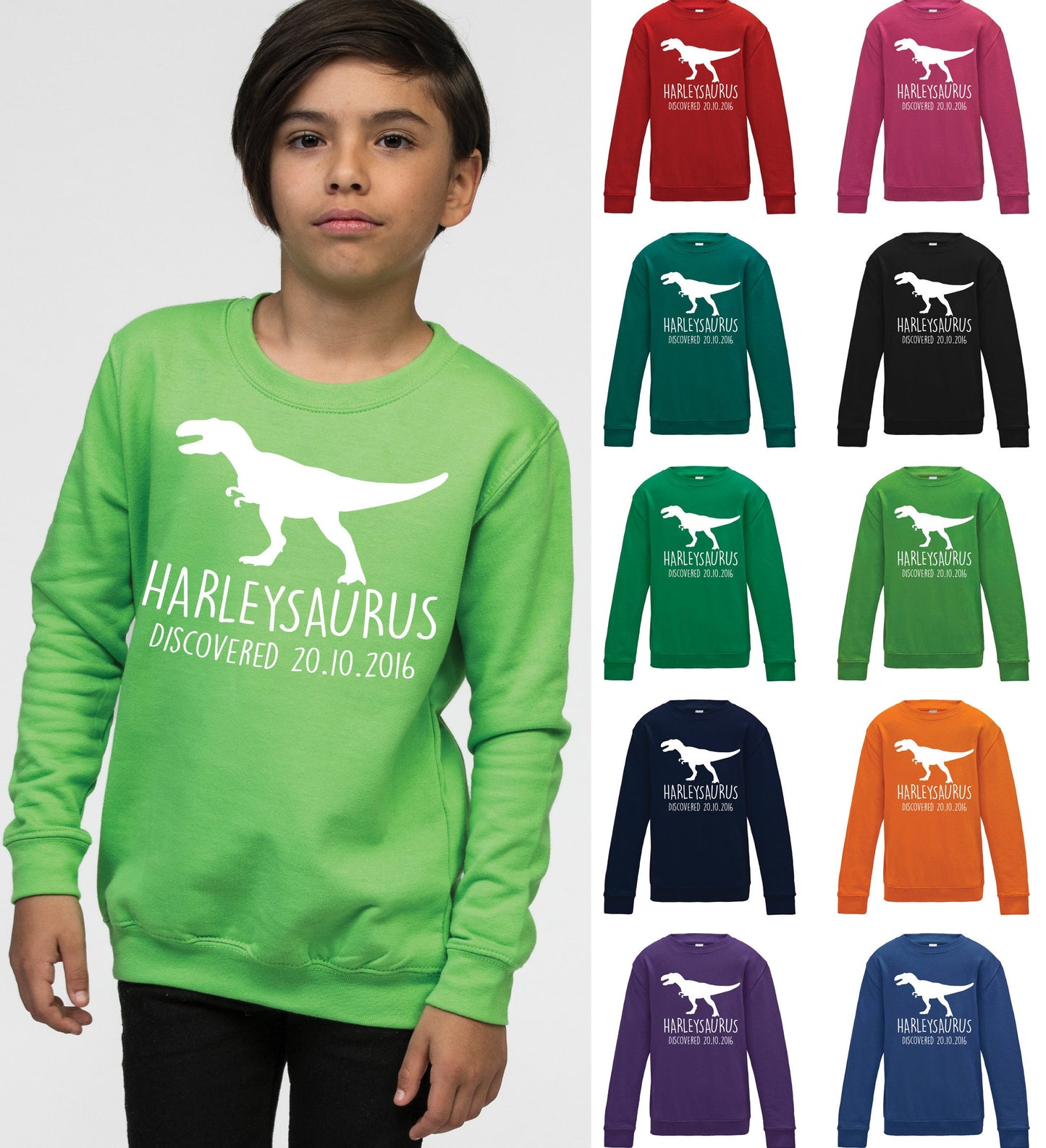 T-Rex Kids Personalised Dinosaur Sweatshirt JH30J- Any Name and Date Children's Birthday Dino