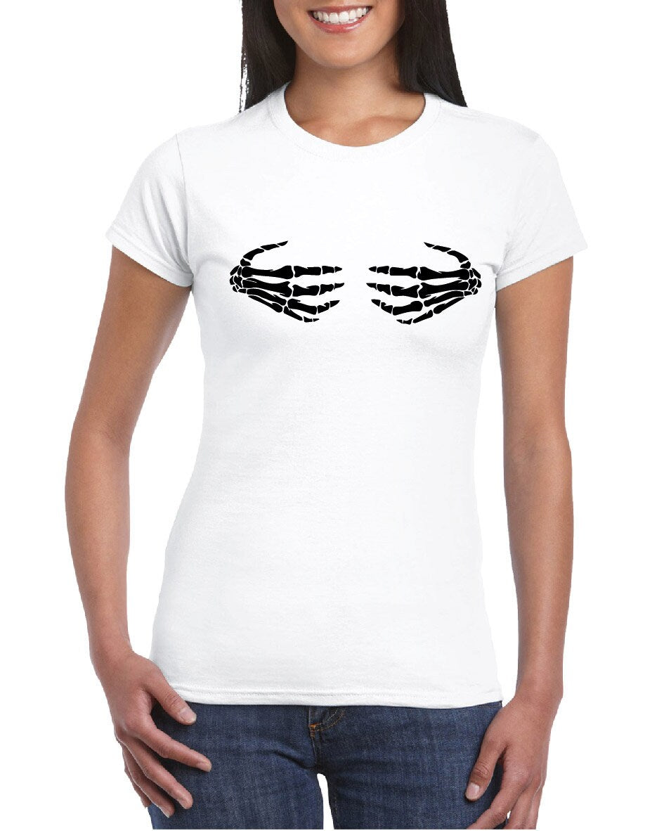 Skeleton Hands on Boobs T-Shirt, Funny, Joke, Halloween, Spooky