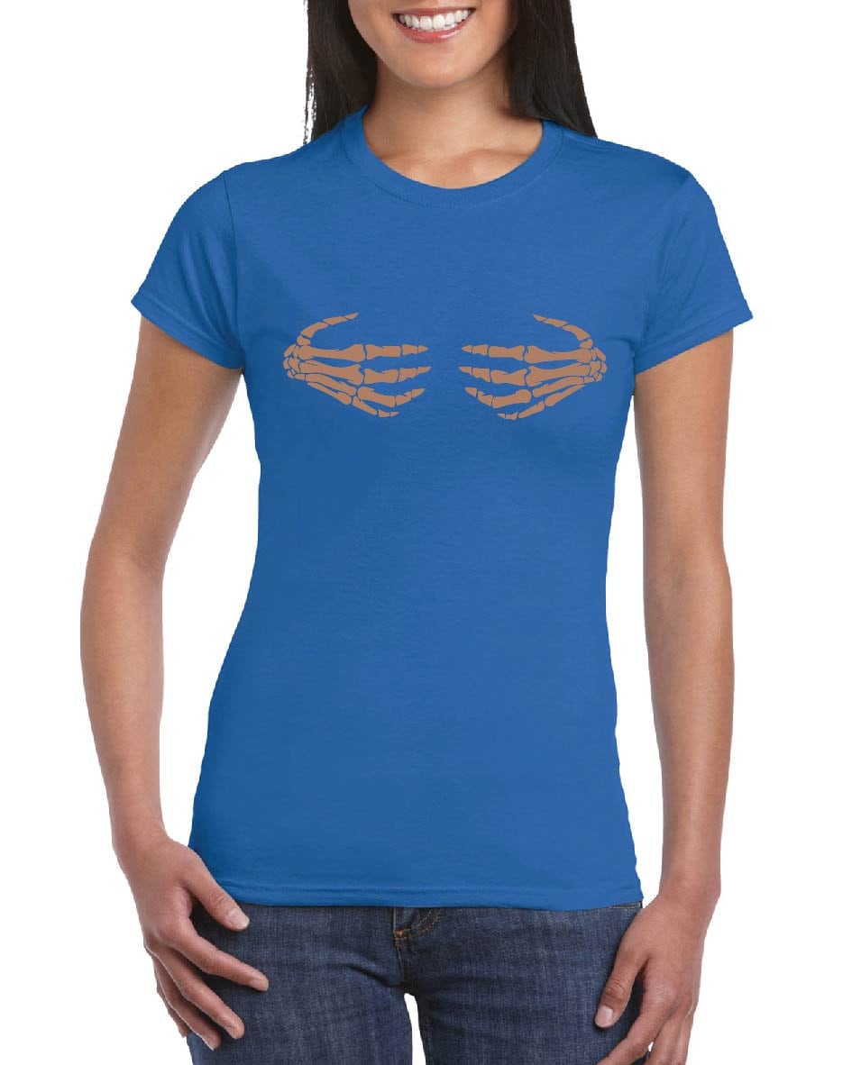 Skeleton Hands on Boobs (ROSE GOLD Print) T-Shirt, Funny, Joke, Halloween, Spooky