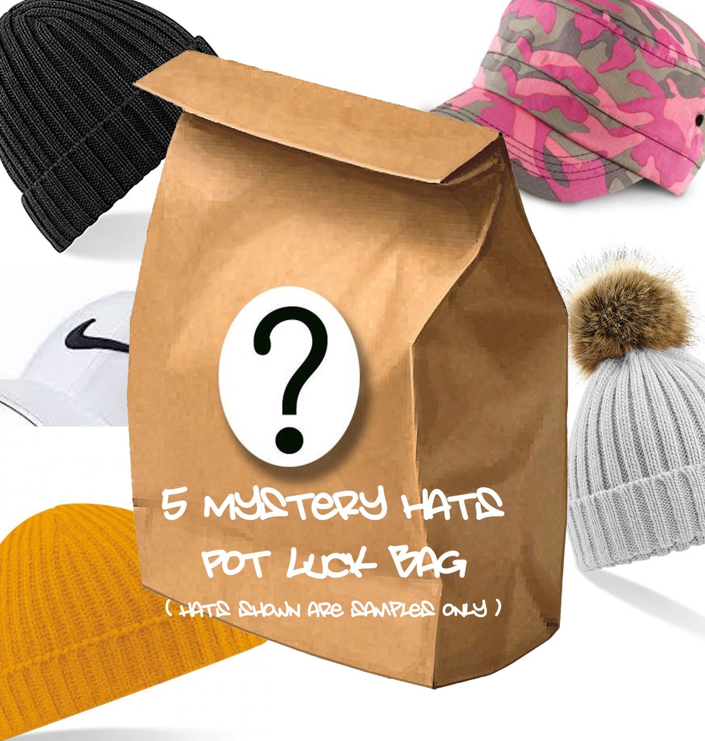 5 x Mystery Hats, Pot Luck Surprise Bag, Baseball Caps and Beanies