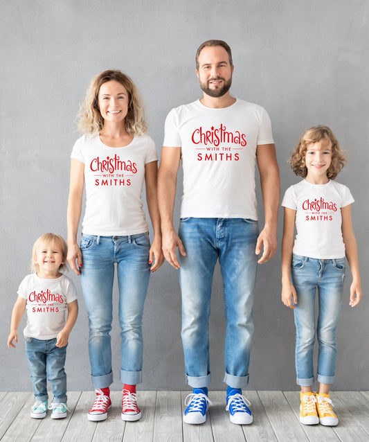 Christmas with the (Family Name) B Personalised White T-Shirts, Customised Xmas Matching Tops