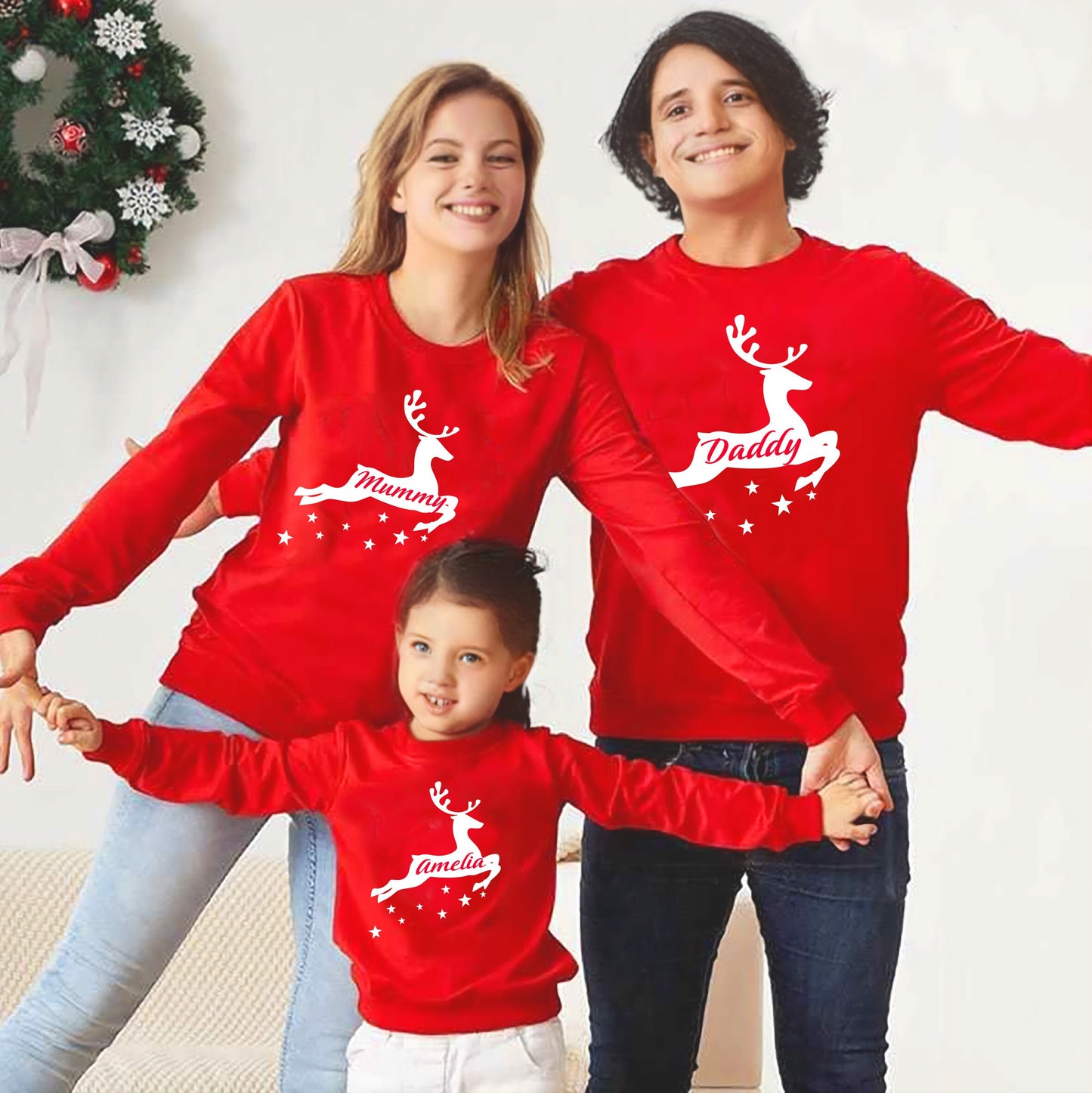 Personalised Reindeer Sweatshirts JH030 - Family Christmas Matching Tees Pyjama Tops outfits Xmas Photo