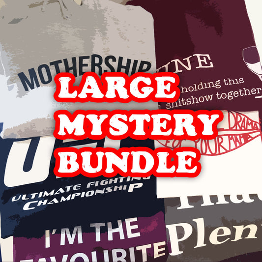Large Mystery Bundle. Pot luck surprise bag with clothing mix. Random selection of printed T-shirts, sweaters and hoodies, hats. 5 items UK