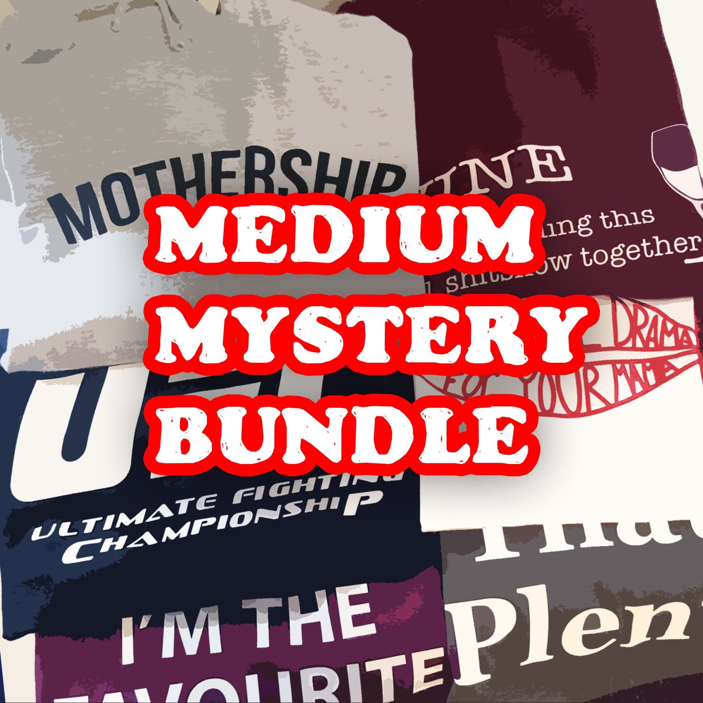 Medium Mystery Bundle. Pot luck surprise bag with clothing mix. Random selection of printed T-shirts, sweaters & hoodies, hats. 3 items UK