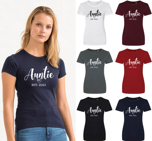 Personalised Auntie Est. Date T-Shirt | EA001F | Organic Soft Feel Tee | Funny Tshirt Gift for Aunt
