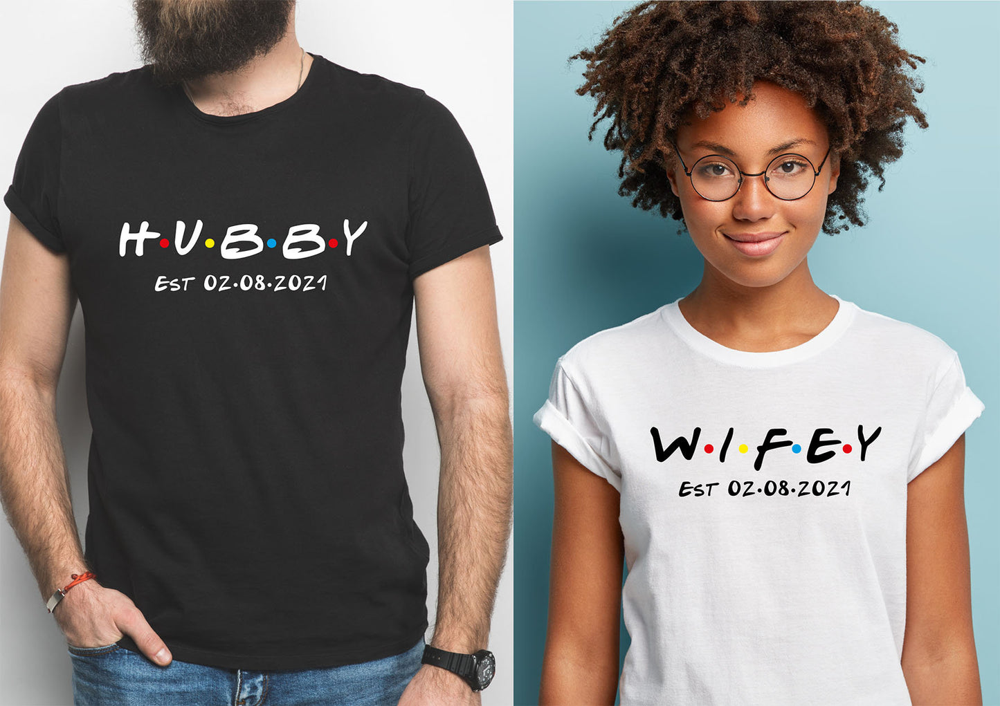 Hubby / Wifey Matching T-Shirts | Can Be Personalised with Date | Husband and Wife Tee