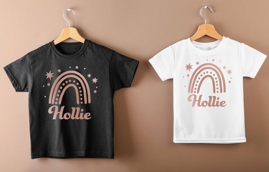 Cute Rose Gold Rainbow Personalised Kids T-Shirt with Any Name | Birthday Tee | Stars Tshirt