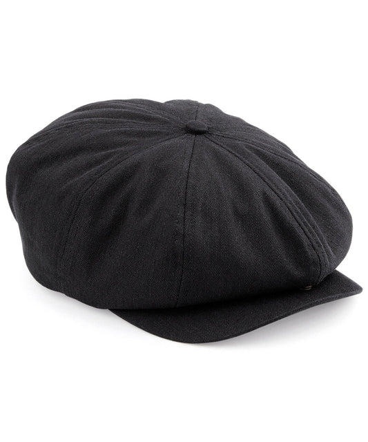 Beechfield Black Newsboy Cap - B624 - Herringbone, Full Quilted Lining Flat Hat Baker Boy