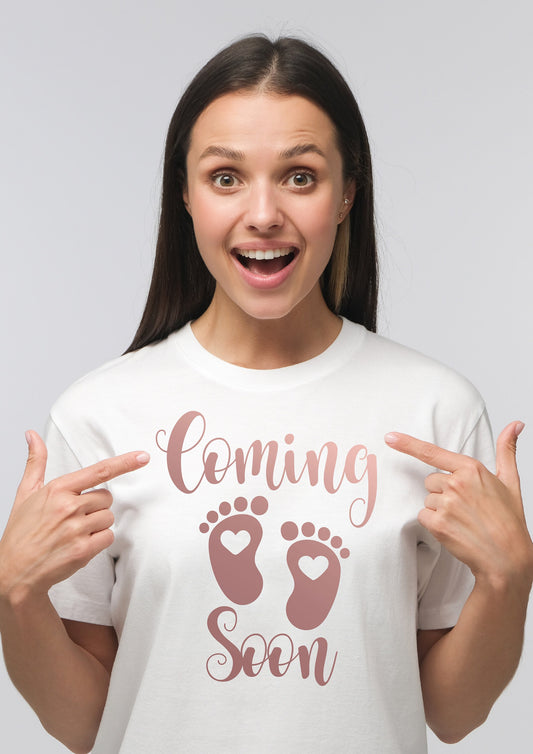 Coming Soon ROSE GOLD T-Shirt - Funny Pregnancy Announcement Tee Baby Footprints