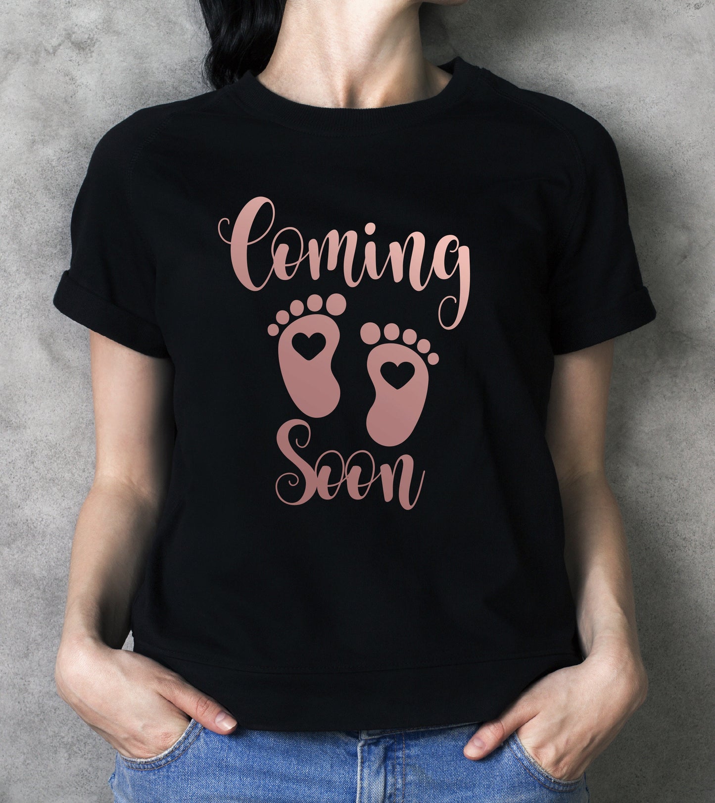 Coming Soon ROSE GOLD T-Shirt - Funny Pregnancy Announcement Tee Baby Footprints