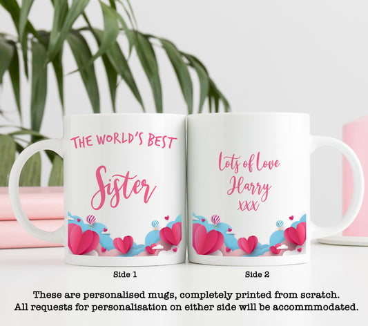 Cute Paper Balloons and Hearts World's Best Sister Mug | Personalised Birthday Christmas Gift Mug | Cup |