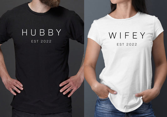 Hubby / Wifey B Matching T-Shirts | Can Be Personalised with Date | Husband and Wife Tee