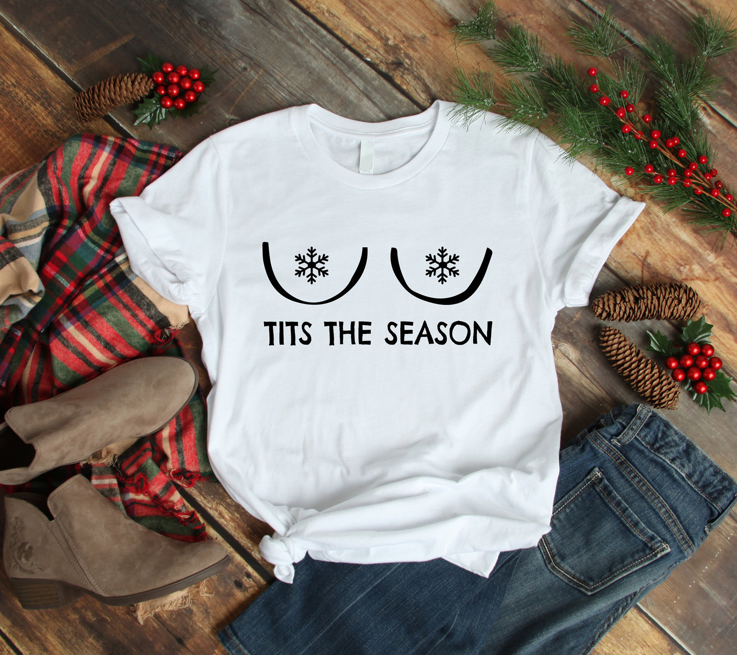 Tits The Season B T-Shirt | Rude Funny Christmas Tshirt | Cartoon Boobs Tee
