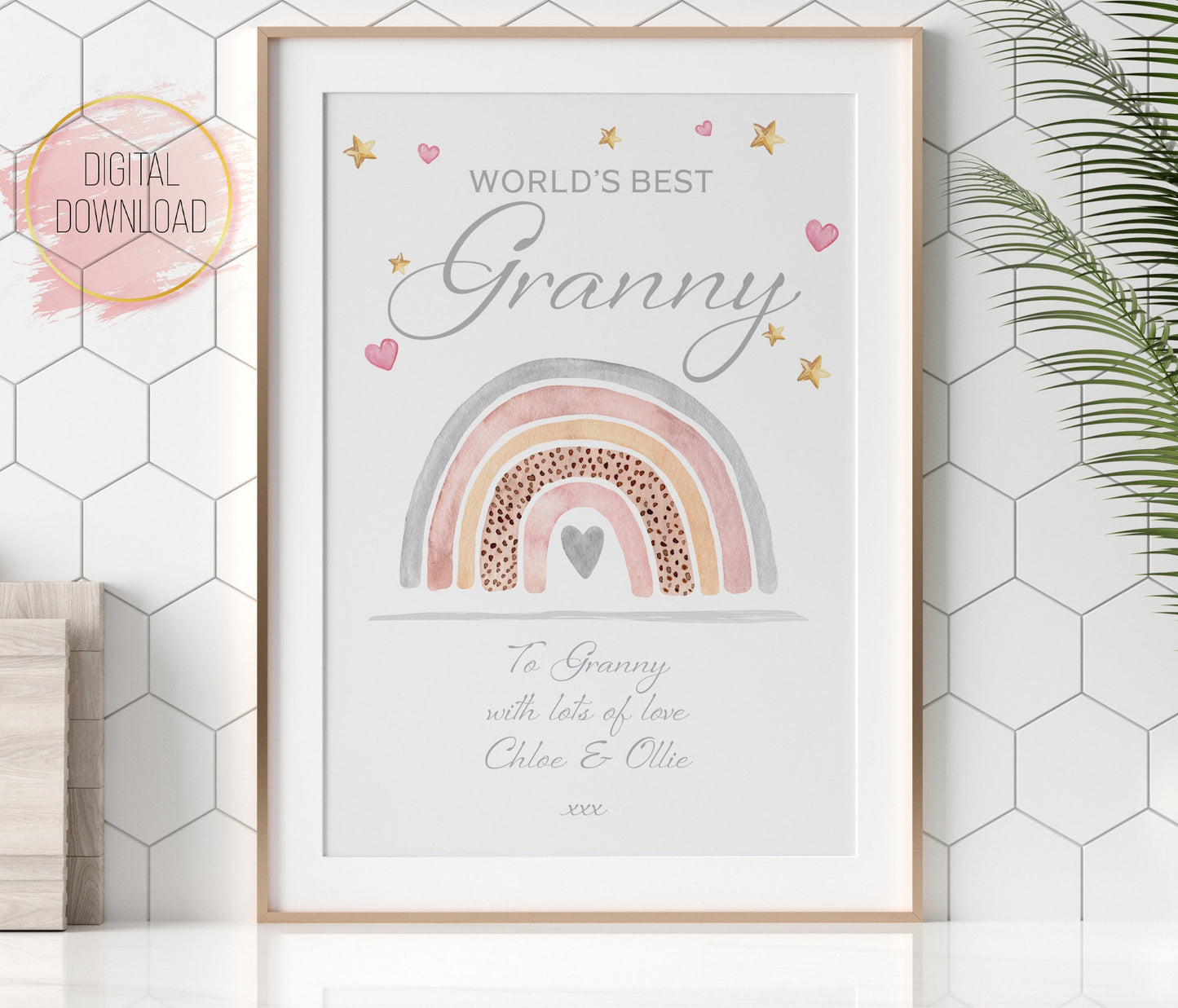 Personalised World's Best Granny DIGITAL DOWNLOAD, Any name/message/text | Watercolour rainbow hearts stars print Gran Nana Mum
