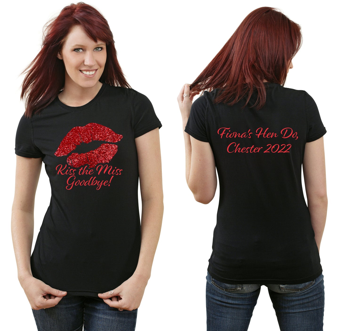 Personalised Kiss The Miss Goodbye Hen Party T-Shirt - Red Glitter Lips Tshirt | Hen Do Tee Slogan