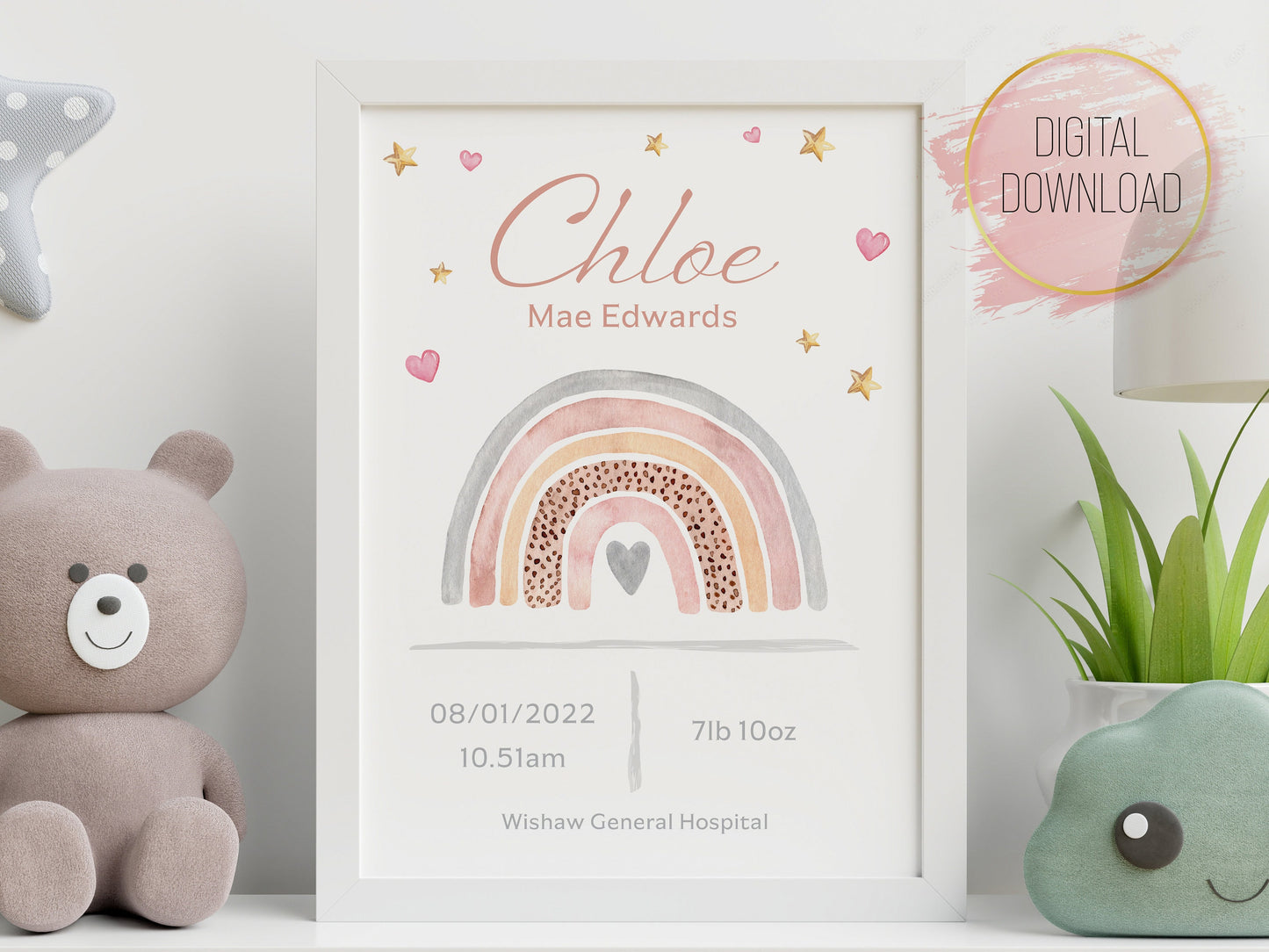 Personalised New Baby DIGITAL DOWNLOAD, Birth Details Watercolour Wall Art, Nursery Art, Custom Baby Name, Newborn Baby Gift, Rainbow Print
