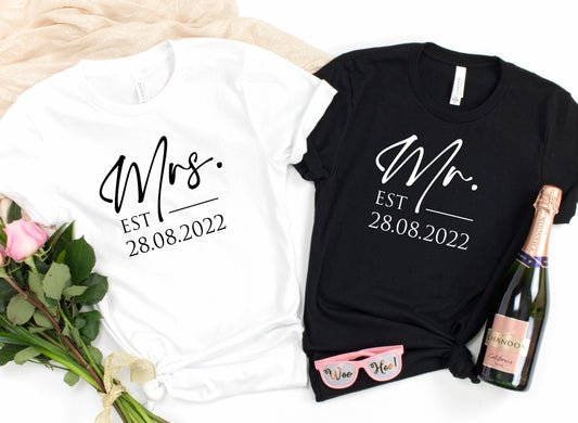 Mr Mrs Est. Personalised Date T-Shirt | Husband and Wife Couples Honeymoon Tshirt | Finally Matching Wedding Tee