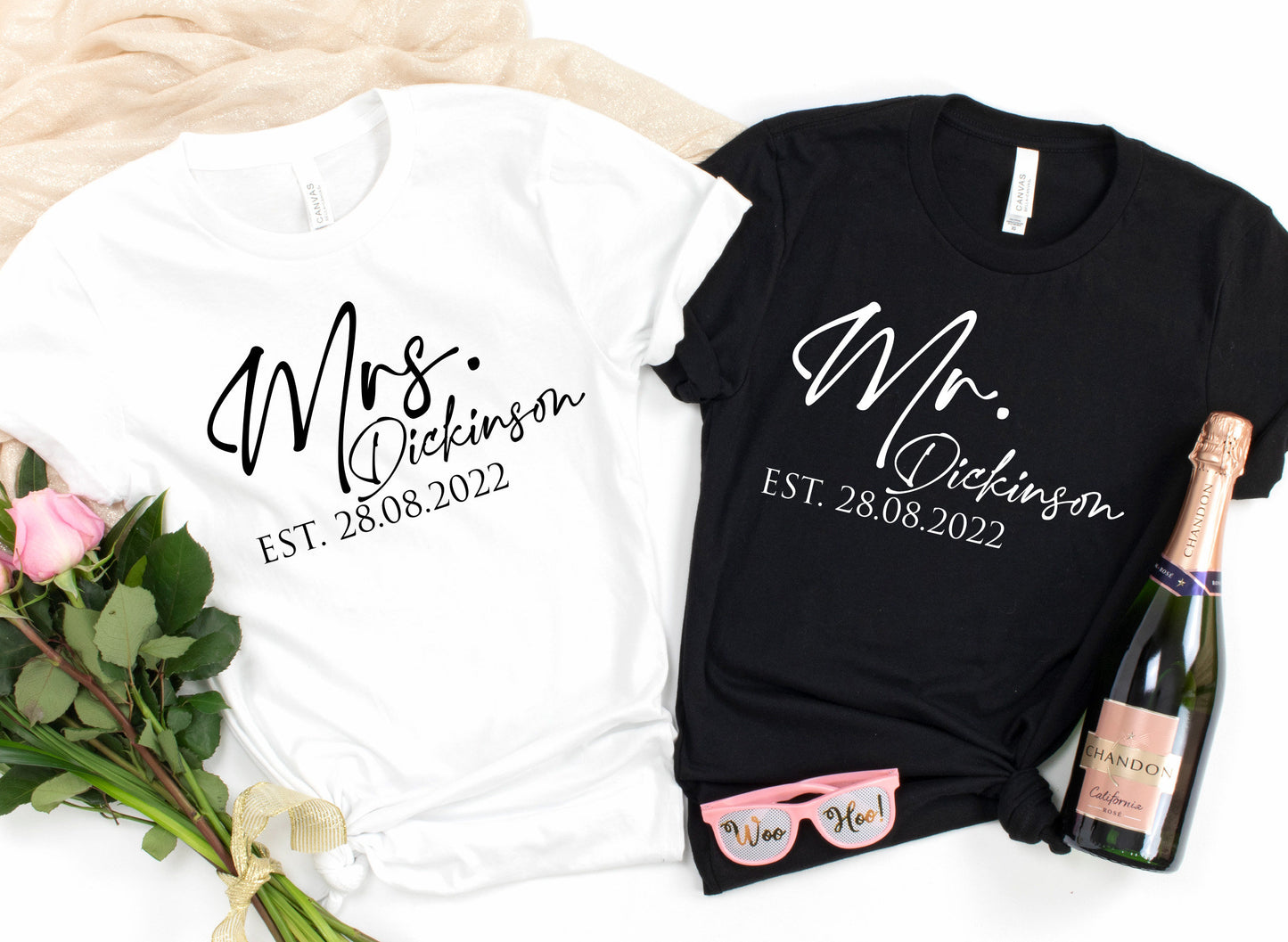 Mr Mrs Est. Personalised Name & Date T-Shirt | Husband and Wife Couples Honeymoon Tshirt | Finally Matching Wedding Tee