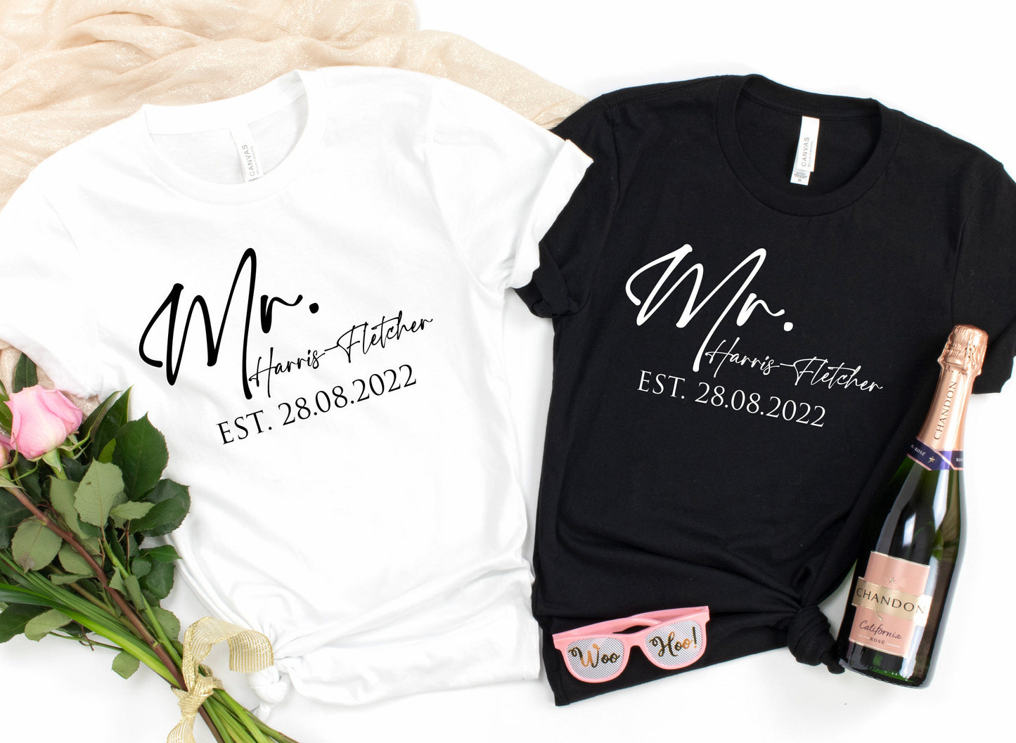 Mr and Mr Est. Personalised Name & Date T-Shirt | Husband and Wife Couples Honeymoon Tshirt | Finally Matching Wedding Tee