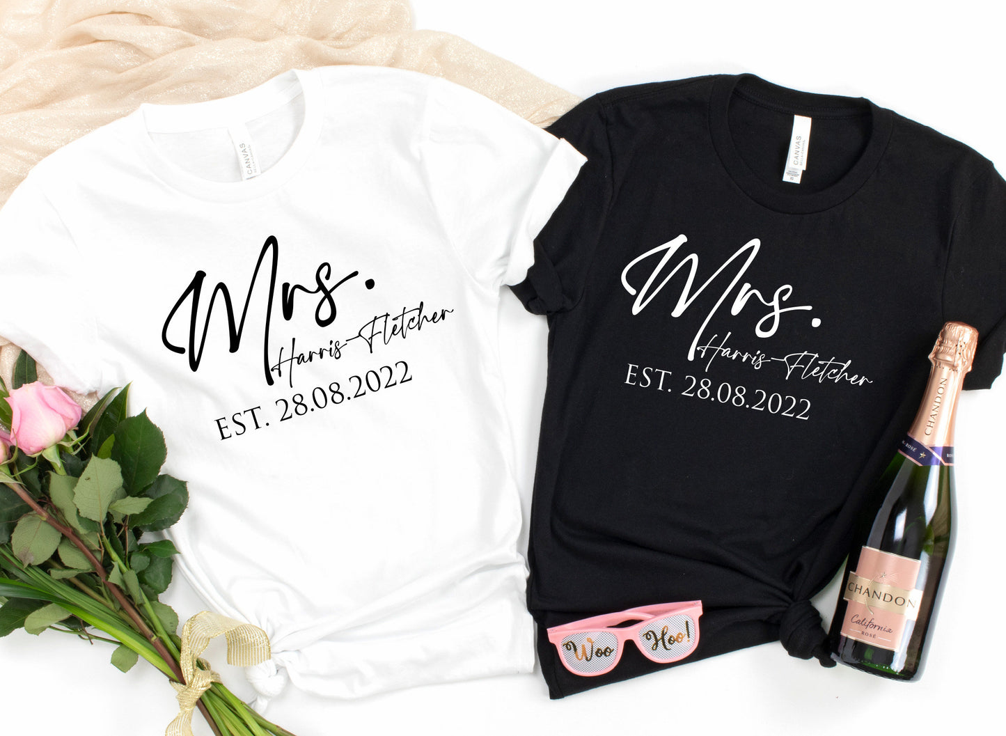 Mrs and Mrs Est. Personalised Name & Date T-Shirt | Husband and Wife Couples Honeymoon Tshirt | Finally Matching Wedding Tee