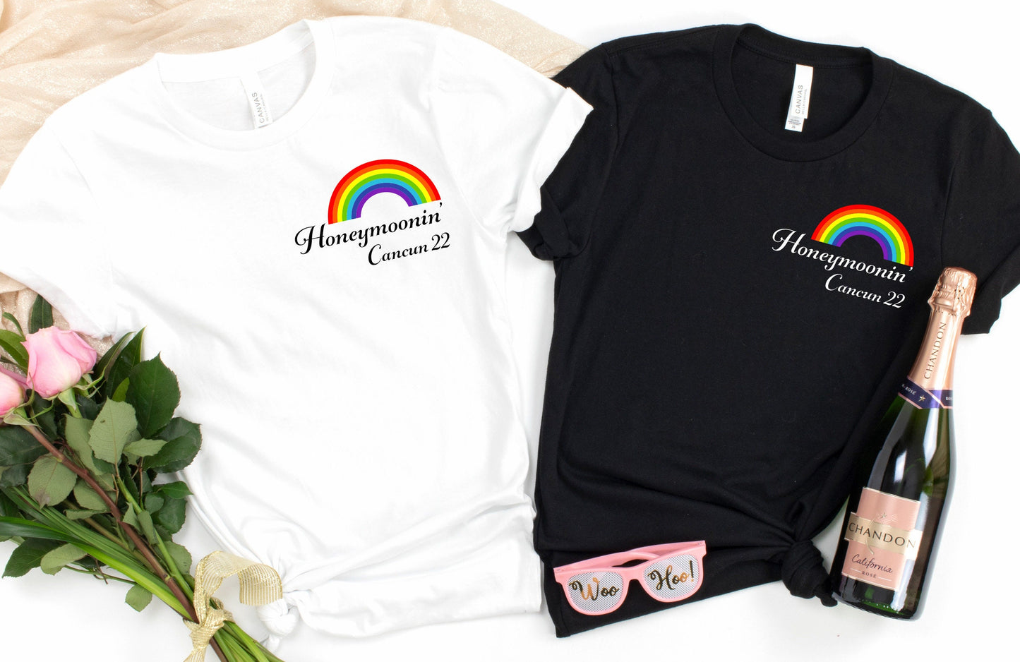 Personalised Honeymoonin' Rainbow Print Tshirt | Customised date | Same Sex Wedding | LGBQT | Pride