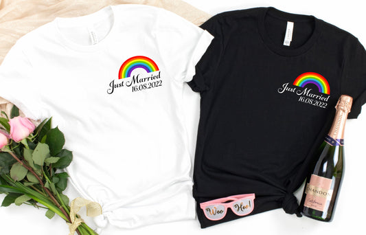 Personalised Just Married Rainbow Print Tshirt | Customised date | Same Sex Wedding | LGBQT | Pride