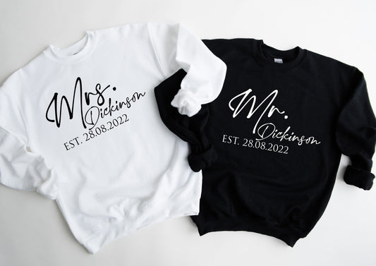 Personalised Mr/Mrs Name and Date Sweatshirt | Husband and Wife Couples Honeymoon Sweater | Finally Matching Wedding Jumper