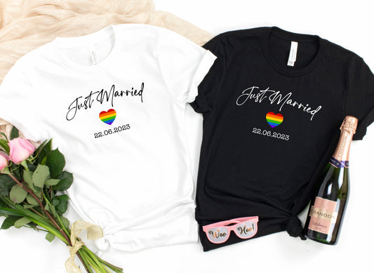 Rainbow Heart Personalised Just Married Tshirt | Customised date | Same Sex Wedding | LGBQT | Pride