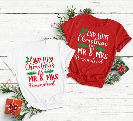 Personalised Our First Christmas as Mr & Mrs T-Shirt - Christmas Wedding tshirt for couples | Married Newlyweds Name