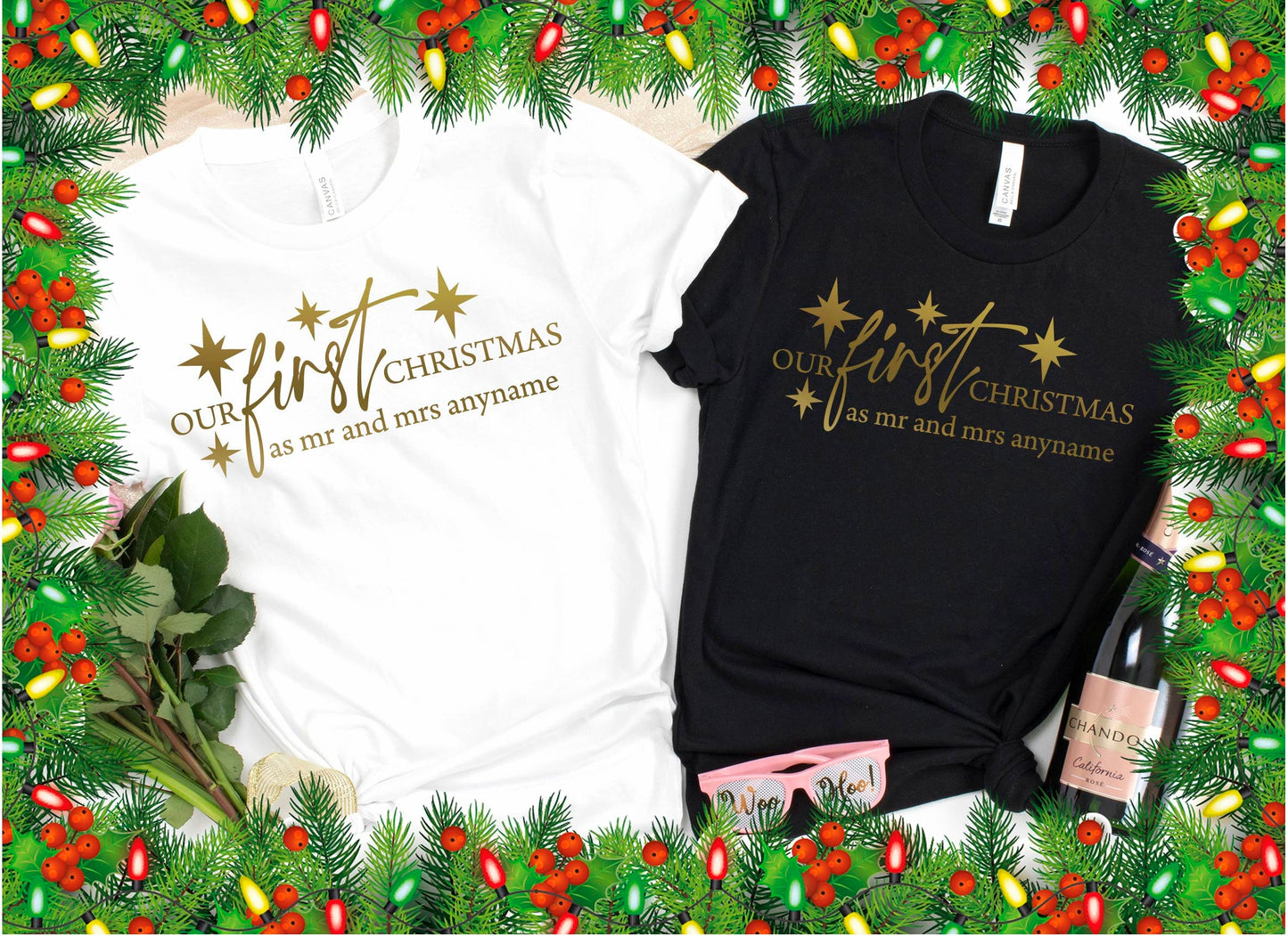Gold Print Personalised Our First Christmas as Mr & Mrs T-Shirt - Christmas Wedding tshirt for couples | Married Newlyweds Name
