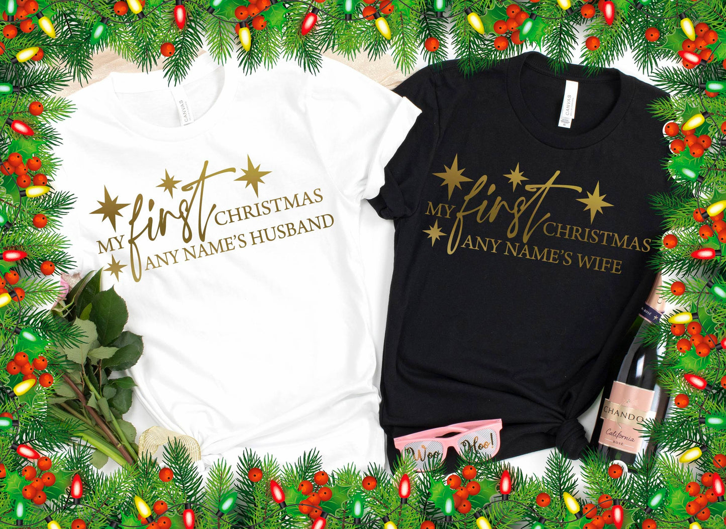 Gold Print Personalised My First Christmas as (Any name's) Husband / Wife T-Shirt - Christmas Wedding tshirt for couples | Married Newlyweds