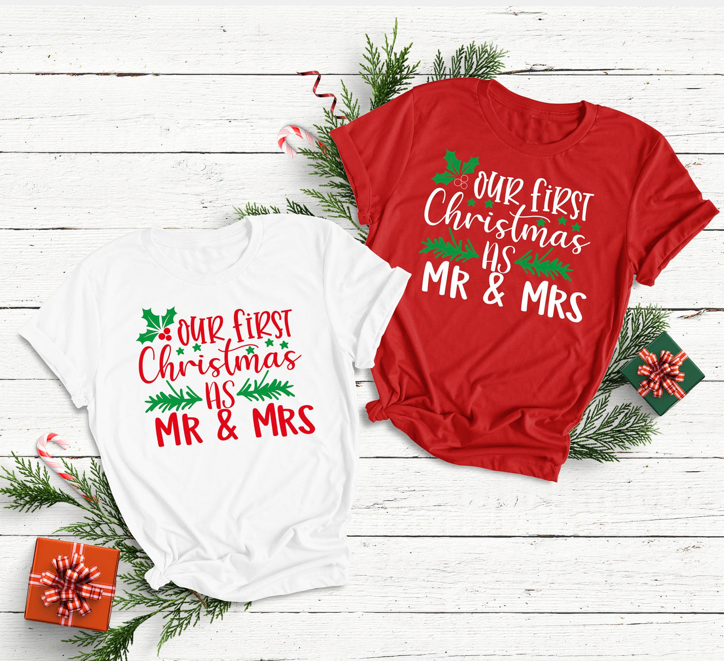 Our First Christmas as Mr & Mrs T-Shirt - Christmas Wedding tshirt for couples | Married Newlyweds