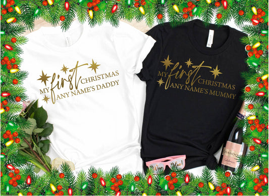 Gold Print Personalised My First Christmas as Any Name's Mummy / Daddy T-Shirt - Christmas tshirt for couples | New Baby