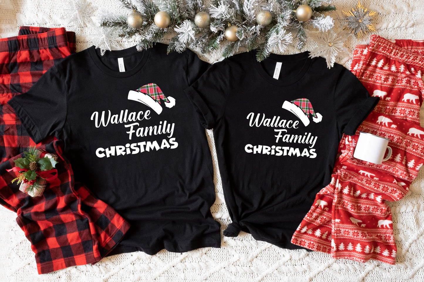 Personalised Matching Family Christmas Tartan Santa Hat T-Shirts | For wearing Christmas Eve / Christmas Morning