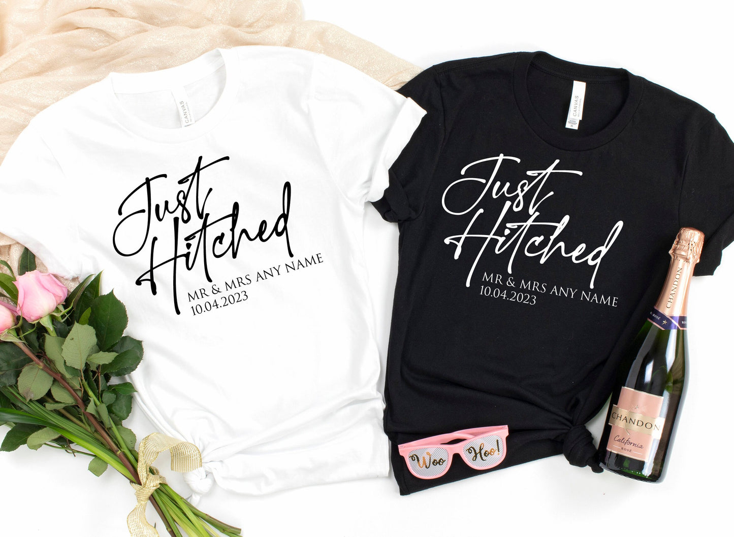 Just Hitched T-Shirt | Personalised Husband and Wife Couples Honeymoon Tshirt | Just Married Matching Wedding Tee