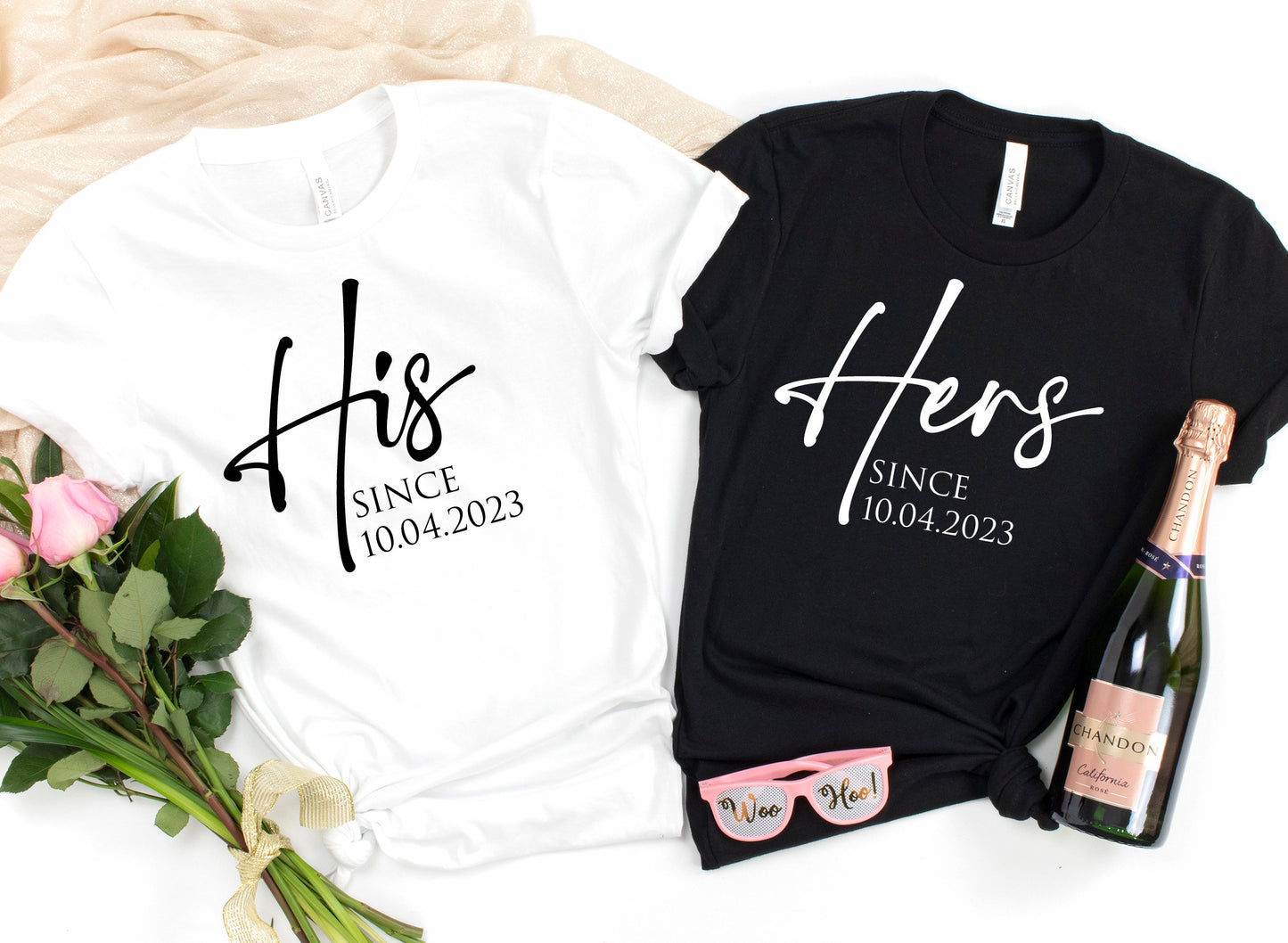 His and Hers Since T-Shirt | Personalised Husband and Wife Couples Anniversary Honeymoon Tshirt | Just Married Matching Wedding Tee