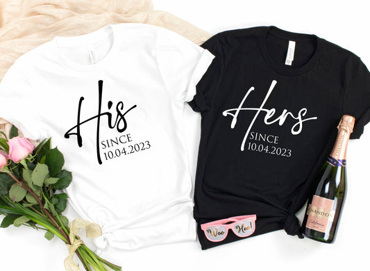 His and Hers Since T-Shirt | Personalised Husband and Wife Couples Anniversary Honeymoon Tshirt | Just Married Matching Wedding Tee