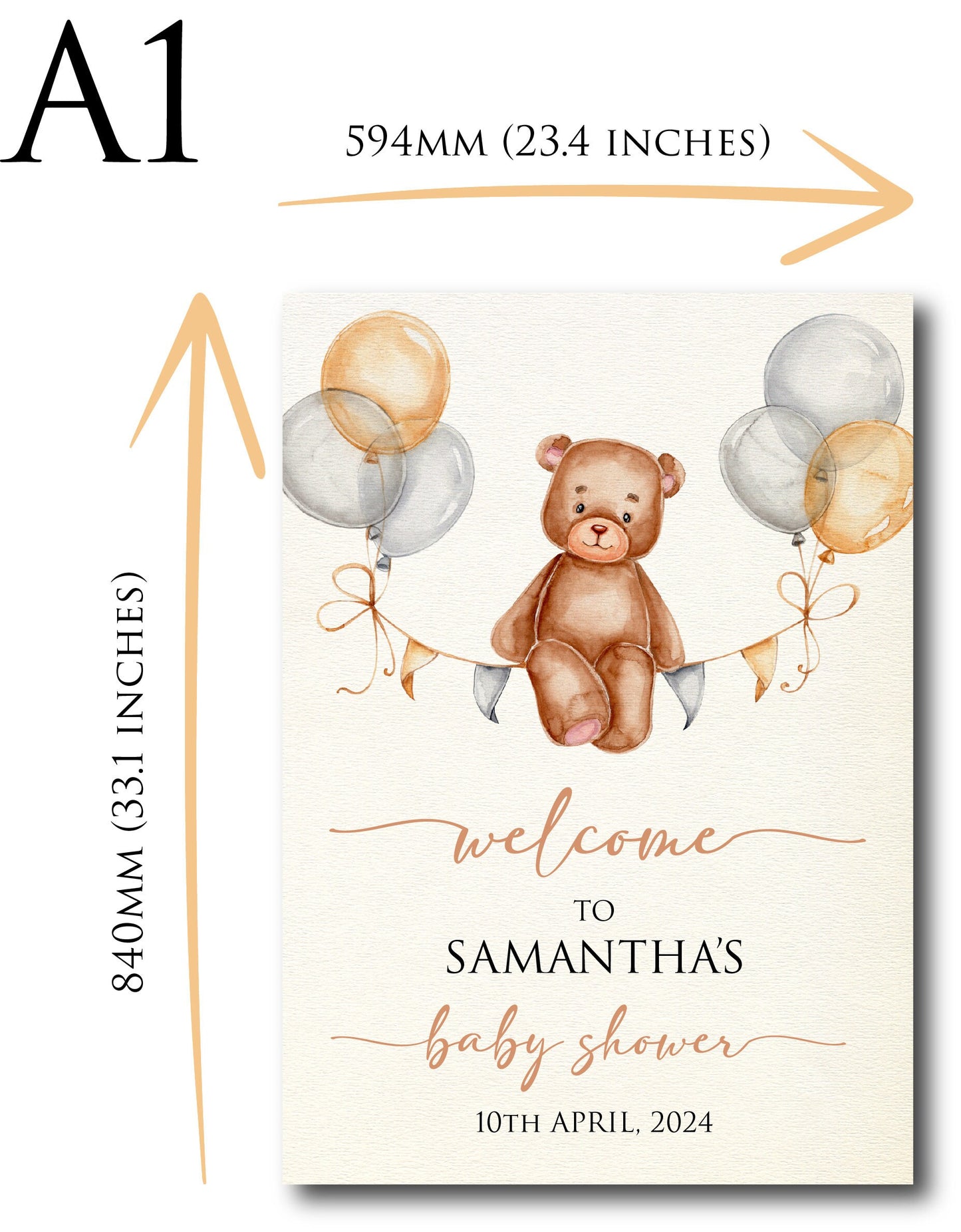 Personalised Baby Shower Welcome Sign TLPCBS001 Physical or Digital, Bear Balloon Gender Neutral Hot-Air Balloon Baby Shower Sign