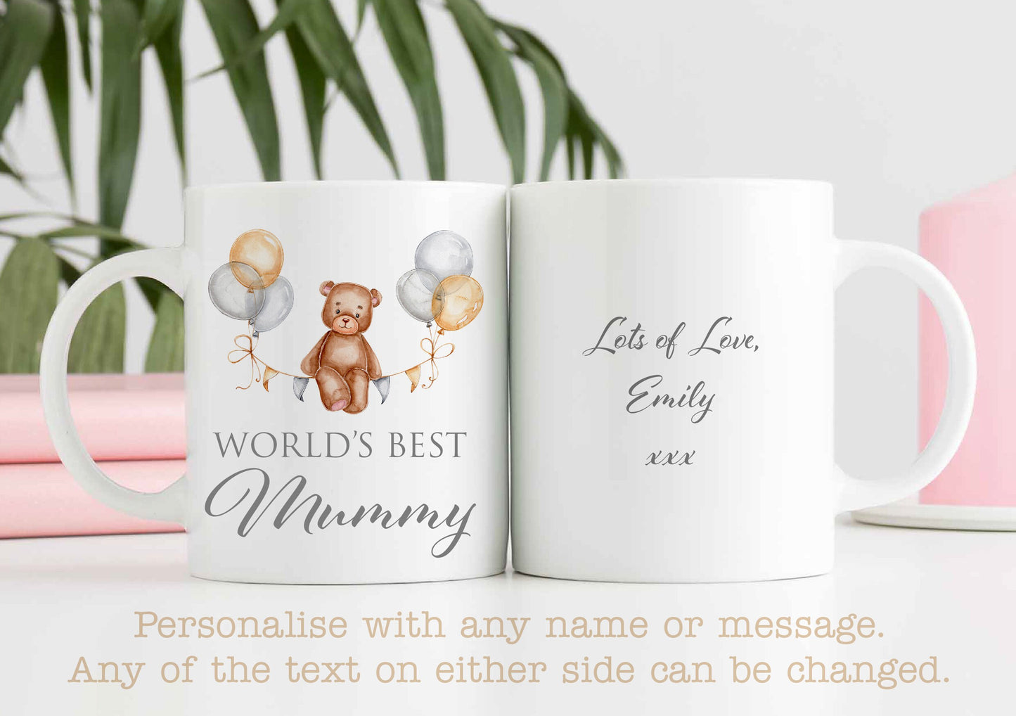 Cute Teddy Bear Pink Balloons World's Best Mummy Mug B | Personalised Mother's Day Gift Mug | Cup | Mom | Mum